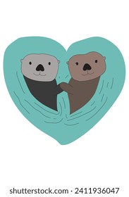 Otter love valentine vector otters holding hands in love heart 