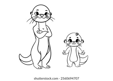 Otter mother and daughter in linear art style on a white background. Black and white illustration suitable. Wildlife and family bond concept for design and print