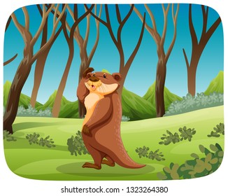 Otter in nature landscape illustration