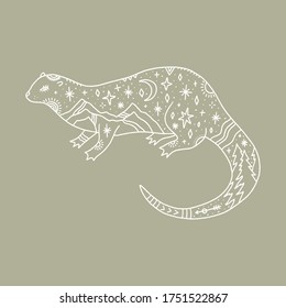 Otter and night landscape inside, double exposure. Wildlife concept. Boho tattoo art, fantasy ethnic style. Ornate animal. Vector illustration.