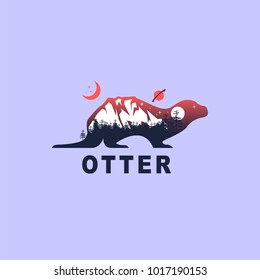 otter and night mountain landscape, double exposure, space view, fantasy style, otter inscription. Vector illustrations