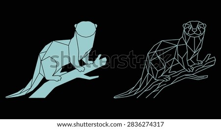 Otter on a tree branch geometric wireframe graphic illustration with wildlife
