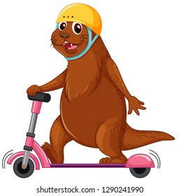 Otter playing kick scooter illustration