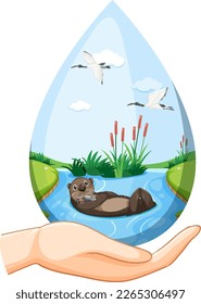 Otter in pond in waterdrop form illustration