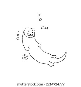 Otter in the sea, Hand drawn line, vector illustration.