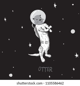 Otter in a spacesuit in the background of the starry sky.