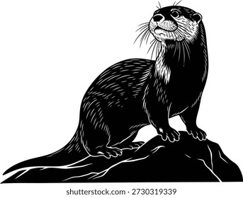 Lontra em pé em uma rocha olhando para cima