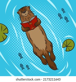 otter swims and reads a book pop art retro vector illustration. Comic book style imitation.