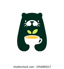 otter tea cup drink negative space logo vector icon illustration