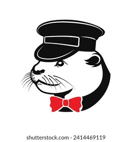 An otter with a train conductor hat vector logo illustration