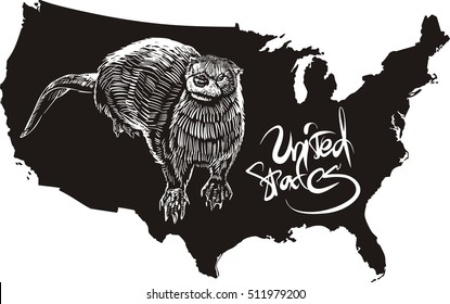 Otter and U.S. outline map. Black and white vector illustration.