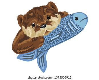 Otter vector illustration head icon. vector animals. Otter illustration with fish