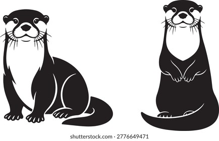 Otter vector illustration set. Wild animal mascot design. Black and white nature graphics. Aquatic mammal silhouettes.