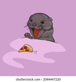 The otter wants to eat a slice of pizza. She opened her mouth, she is very cute.