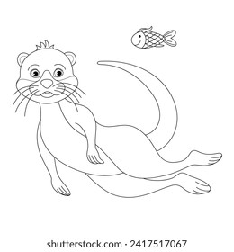 Otter watches the fish. Cartoon vector illustration.