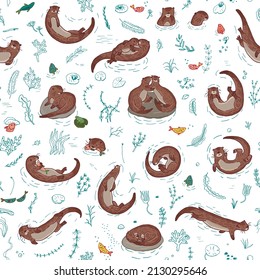 Otter water animal vector seamless pattern