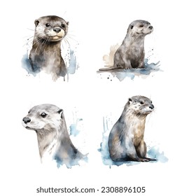 Otter watercolor hand paint collection