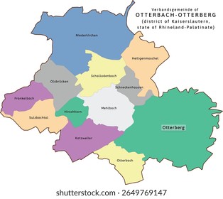 Otterbach-Otterberg verbandsgemeinde mapa do distrito de Kaiserslautern Renânia-Palatinado (Renânia-Palatinado) estado na Alemanha. Vetorizado. Cores retroativas