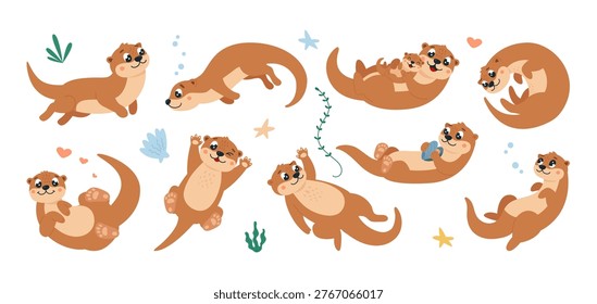 Otters characters. Funny cartoon otter in different swimming poses. Water animals with child, in love. Cute childish mascots, wild river animal, classy vector clipart
