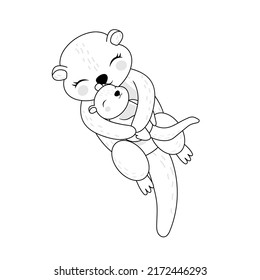 Otters Clipart Coloring Page in Cute Cartoon Style Beautiful Clip Art Otter Hugging a Baby Black and White. Vector Illustration of an Animal for Prints for Clothes, Stickers, Baby Shower Invitation. 