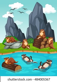 Otters living by the river illustration