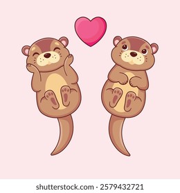 Otters in love. Cartoon characters. Vector illustration.