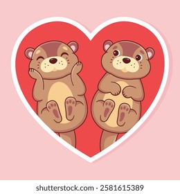 Otters in love. Cartoon characters. Vector illustration.