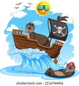 Otters on pirate ship with ocean wave illustration