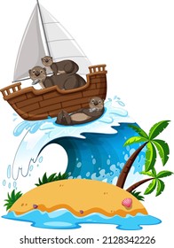 Otters on sailboat with ocean wave illustration