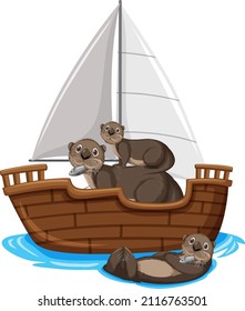 Otters on a ship in cartoon style illustration