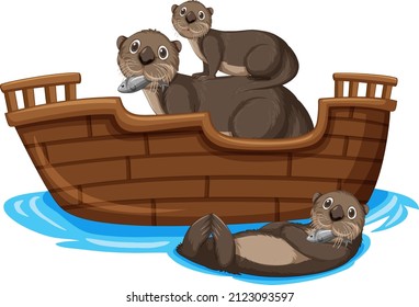 Otters on wooden boat in cartoon style illustration