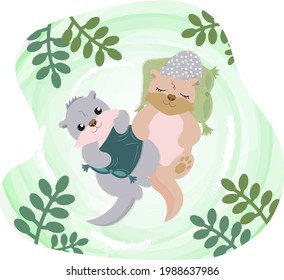 otters and pillows, illustration for children's cards and posters, interior or printing on textiles