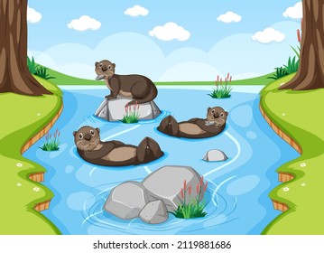 Otters in the river forest background illustration