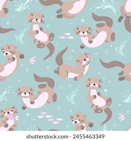 Otters seamless pattern. Cartoon otter characters and underwater elements. Sea or river wild animals. Fabric, wrapping nowaday vector design