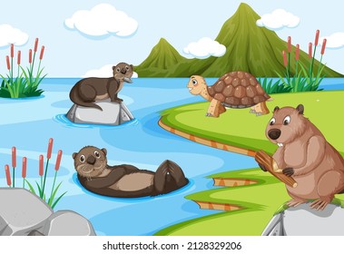Otters with a tortoise in the forest background illustration