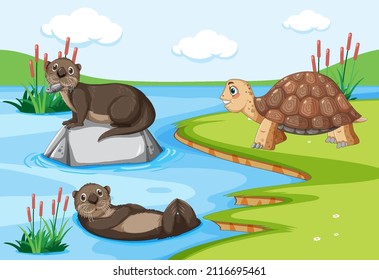 Otters and tortoise living together in the forest illustration