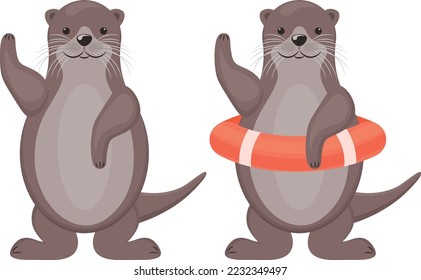 Otras. Dos bonitas nutrias de dibujos animados. Una nutria en una boya. Animales de río. Ilustración del vector