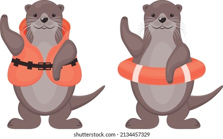 Otters. Two cute otters in a life jacket and a lifebuoy. Cute otter animals. Vector illustration