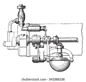 Otto engine governor, front view, vintage engraved illustration. Industrial encyclopedia E.-O. Lami - 1875.
