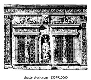 Façade of the Otto Heinrich Building in Heidelberg Castle a famous ruin in Germany landmark of Heidelberg most important Renaissance structures north vintage line drawing or engraving illustration.