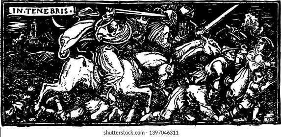 Otto of the Silver Hand is the dark ages and centers and showed how cruel the time period with chivalric ideals of the time vintage line drawing or engraving illustration.