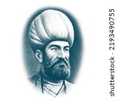 Ottoman Empire Ahmet Muhiddin Piri 1465-1553 Piri Reis navigator, geographer and cartographer engraving illustration. isolated vector.