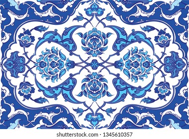 Ottoman Empire, Blue ceramic seamless tiles.  islam, muslim world use these tiles at mosque osmanlı çini motif