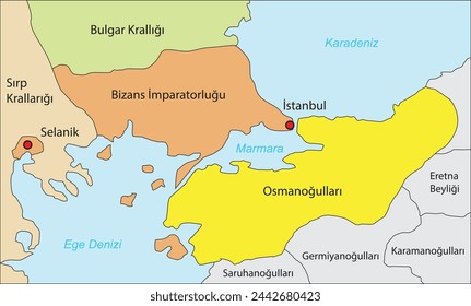 Ottoman Empire, Byzantine Empire, Istanbul, Thessaloniki, Bulgarian Kingdom, Serbian Kingdom, Map, history,Osmanlı Beyliği,Osmanoğulları,Beylikler Dönemi,Osmanlı Devleti,tarih,harita