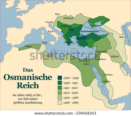 The Ottoman Empire at its greatest extent in 1683. German labeling! Vector illustration.