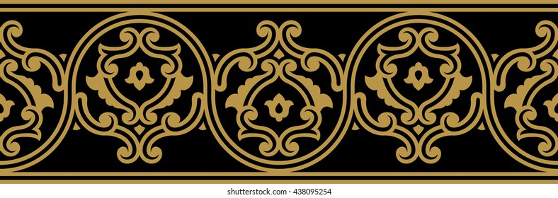 Ottoman Floral Seamless Border. Traditional Islamic Design. Ocher on Black. Mosque decoration element.
