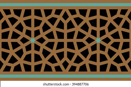 Ottoman Horizontal Seamless Border. Traditional Arabic Islamic Design. Ocher color on Black.