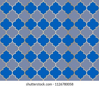 Ottoman Mosque Vector Seamless Pattern. Ramadan mubarak muslim background.  Holy month ramadan kareem mosque pattern with gold grid mosaic.  Islamic fabric grid design of lantern shapes tiles.