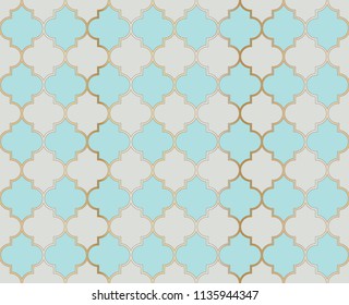 Ottoman Mosque Vector Seamless Pattern. Eid al fitr muslim background.  Holy month ramadan kareem mosque pattern with gold grid mosaic.  Islamic window grid design of lantern shapes tiles.