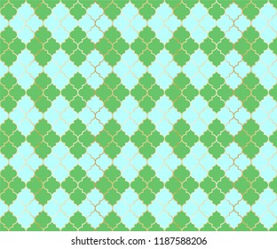 Ottoman Mosque Vector Seamless Pattern. Argyle rhombus muslim fabric background. Traditional mosque pattern with gold grid. Chic islamic argyle seamless design of lantern lattice shape tiles.